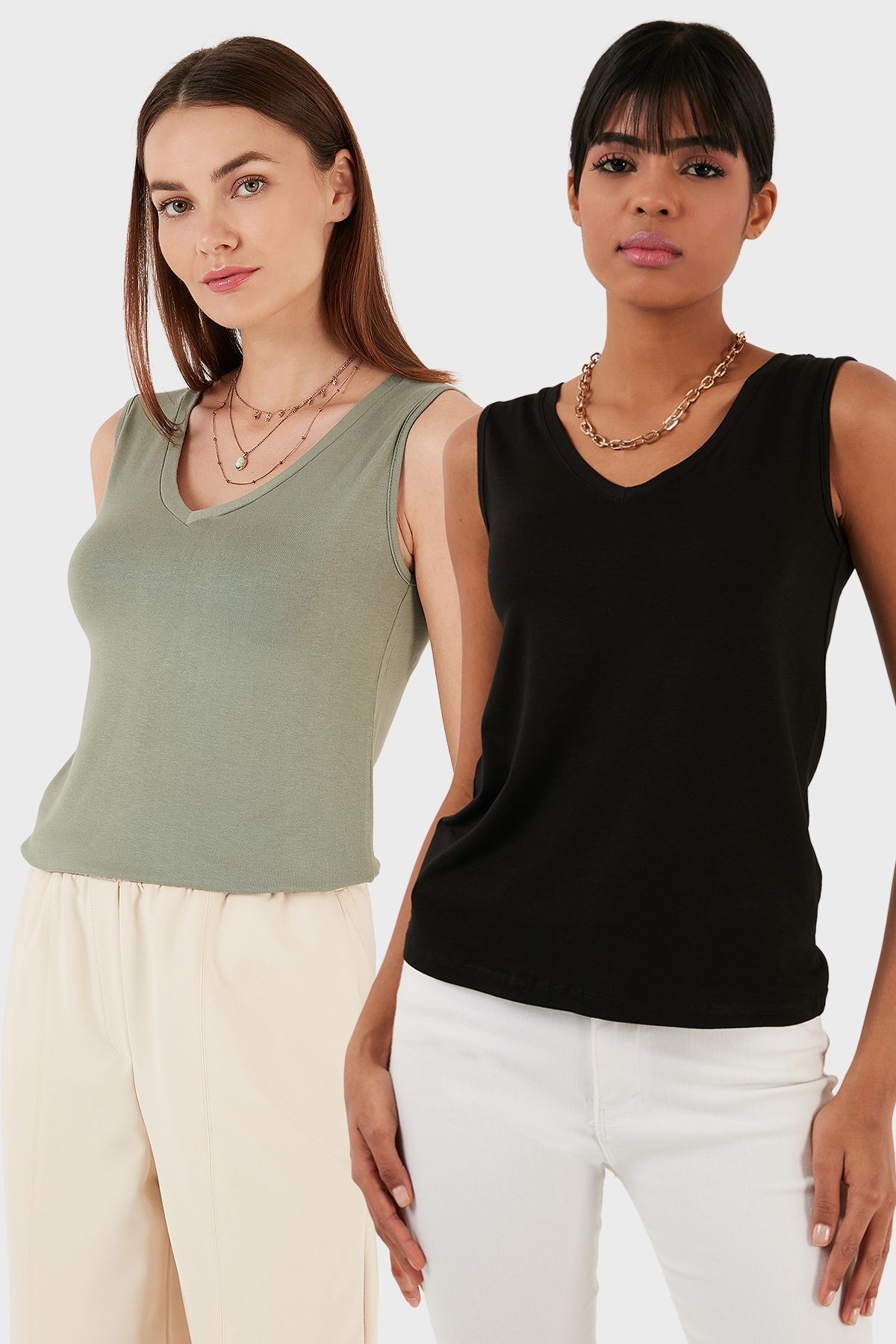 Lela Slim Fit V Yaka Kalın Askılı 2' li Paket Bluz BLUZ 5864384S2
