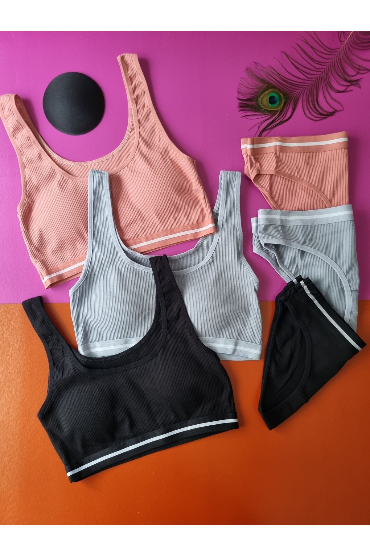 Demirsa Boutique Kaşkorse Kumaş 3'lü Siyah, Gül Kurusu, Mavi Renk Pedli Sütyen Külot Takım