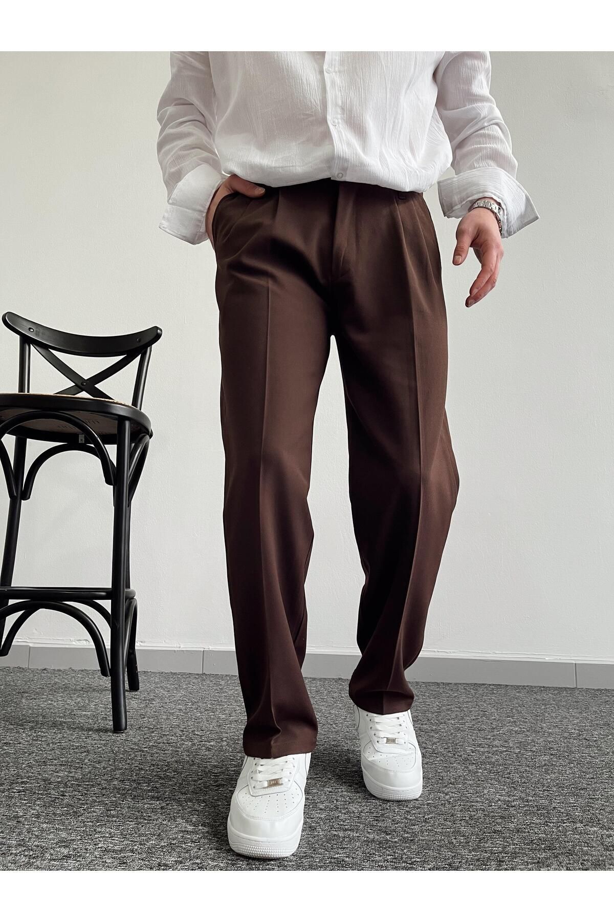 Z1MAN - Erkek Pileli Baggy Beli Lastikli Kumaş Pantolon-Acı Kahve