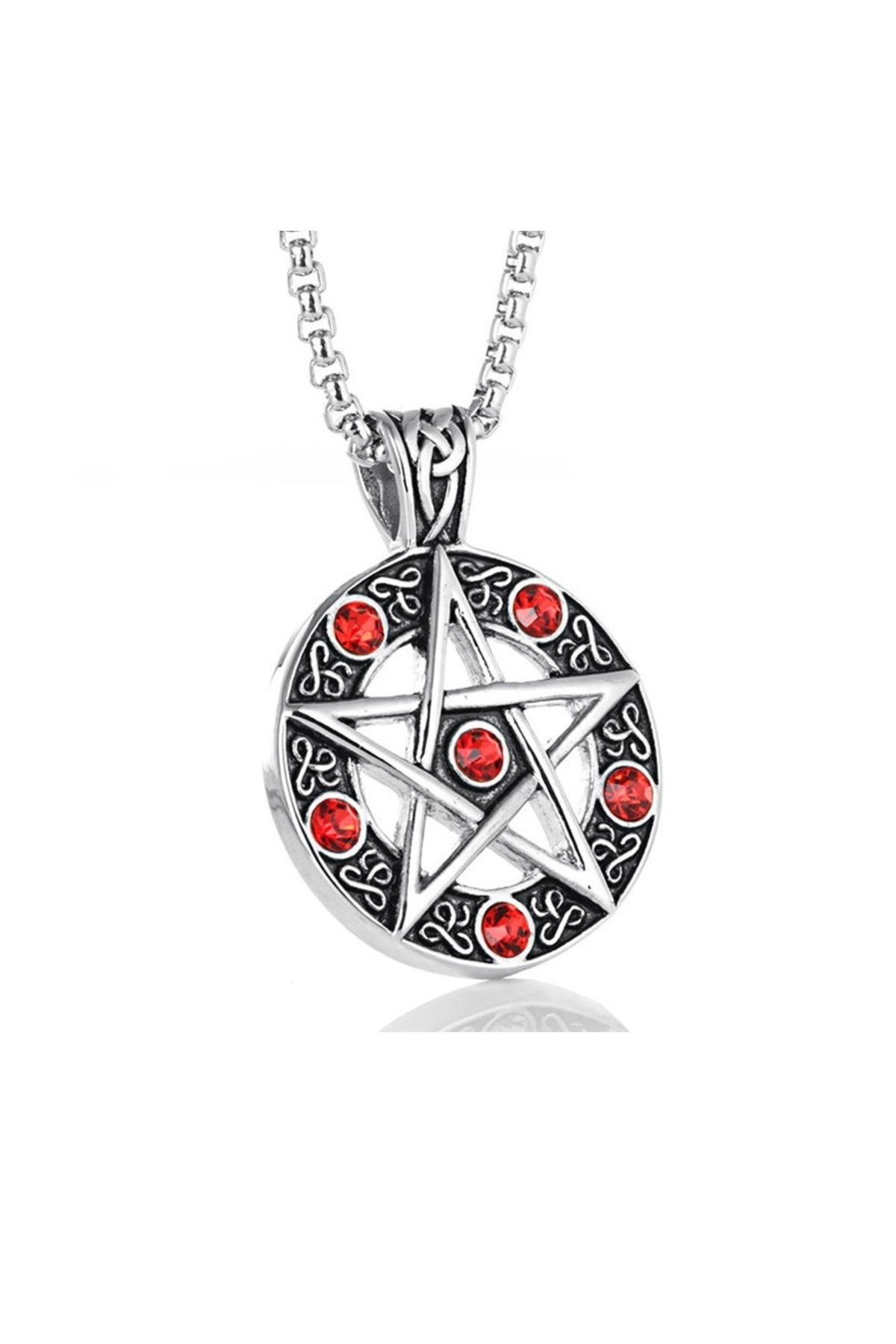 Viking Tribal Desenli Kırmızı Zirkon Taşlı Pentagram 316L Paslanmaz Çelik Kare Zincir Kolye