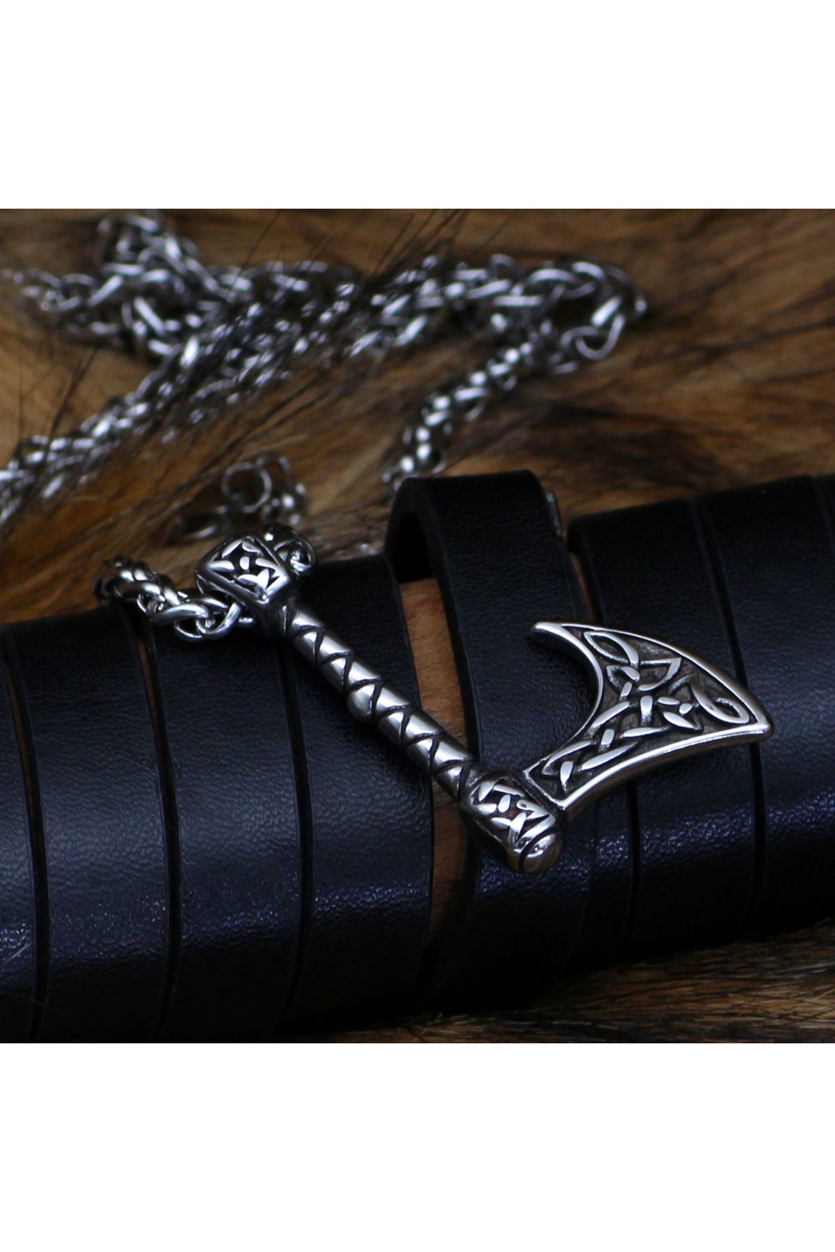 Viking Tribal Tasarım Balta 316L Paslanmaz Örgü Zincir Çelik Kolye