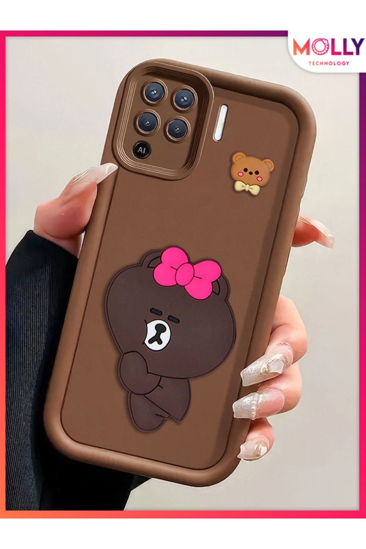 Molly Oppo Reno 5 Lite İçin Fallow Brown Kenarları Kalın 3d Kabartmalı Alice Bear Silikon Kılıf