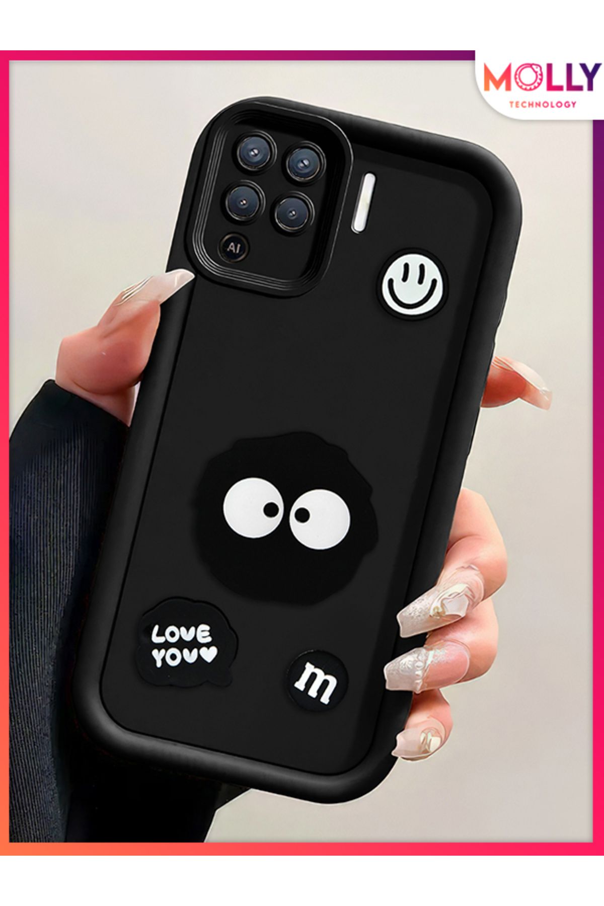Molly Oppo Reno 5 Lite İçin Siyah Kenarları Kalın 3d Kabartmalı Cute Doodle Silikon Kılıf