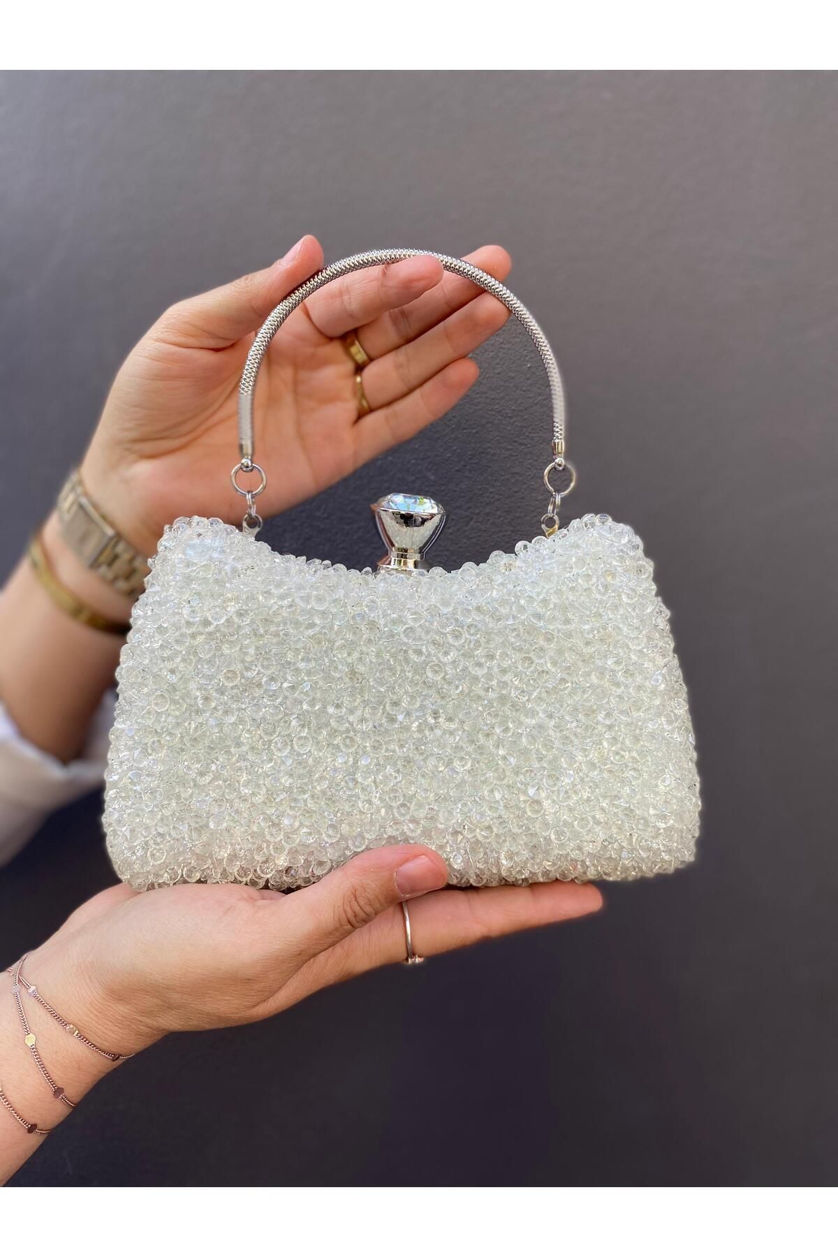 H&D COLLECTİON Kristal Taşlı Çift Taraflı Çok Şık Uzun Askılı Abiye Çantası