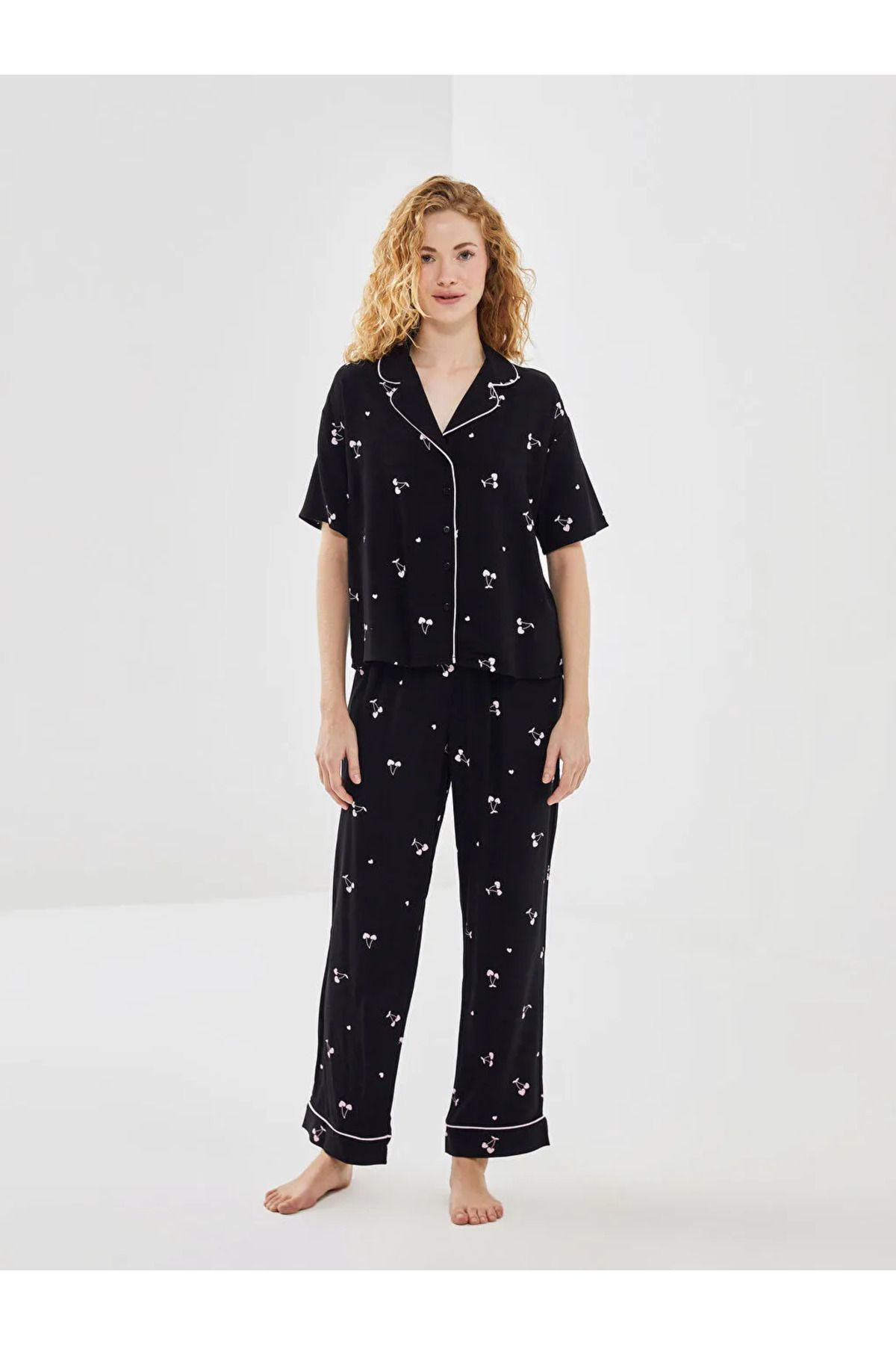 LC Waikiki LCW DREAM Siyah Gömlek Yaka Desenli Kadın Pijama Takımı