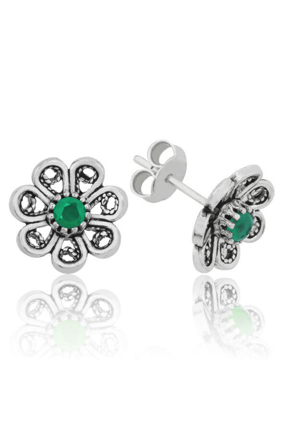 shop Yeşil Çiçek Çivili 925 Ayar Gümüş Küpe