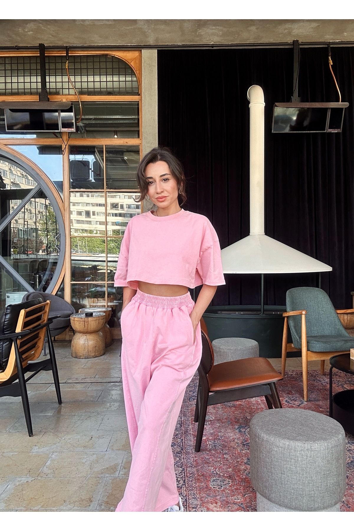 SANX Crop Üst Pembe Eşofman Takım
