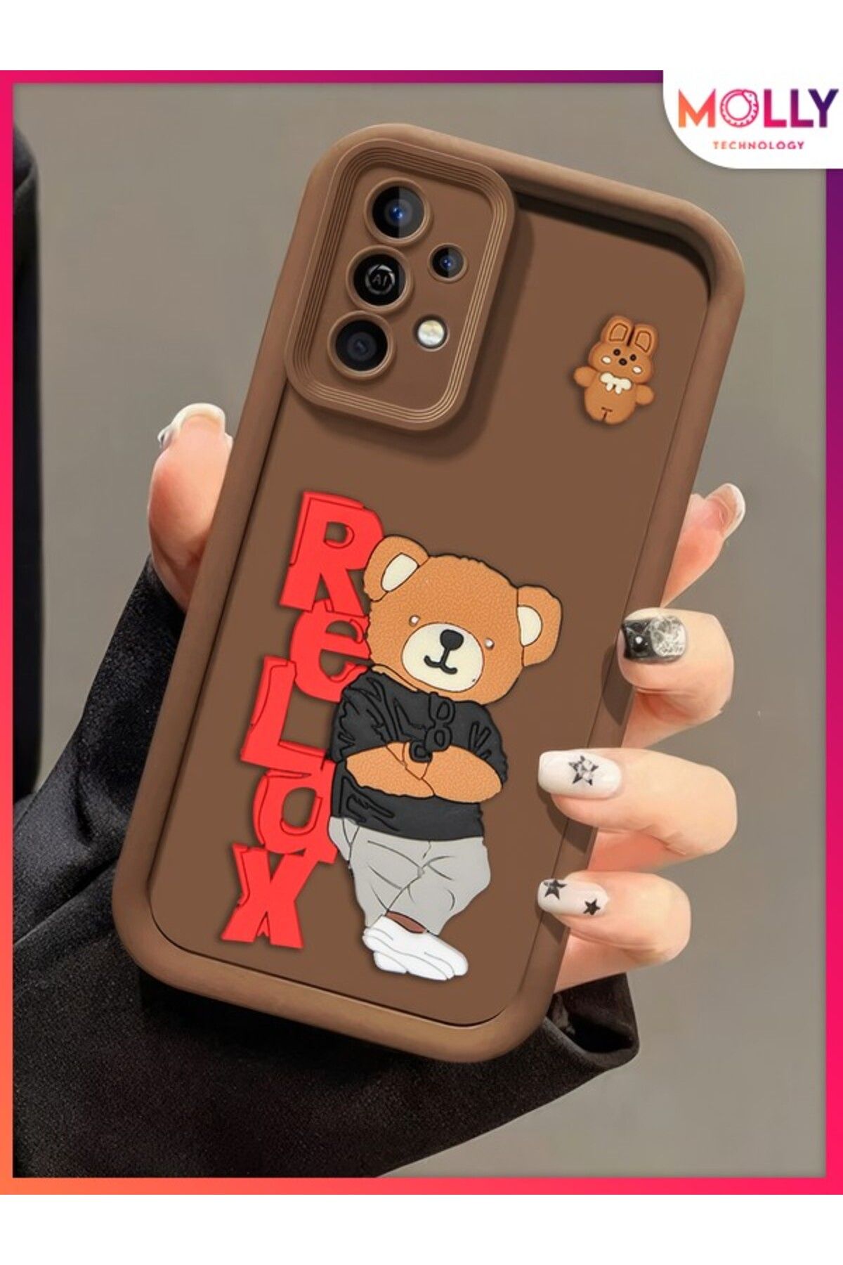 Molly Samsung Galaxy A33 İçin Fallow Brown Kenarları Kalın 3d Kabartmalı Teddy Bear Silikon Kılıf
