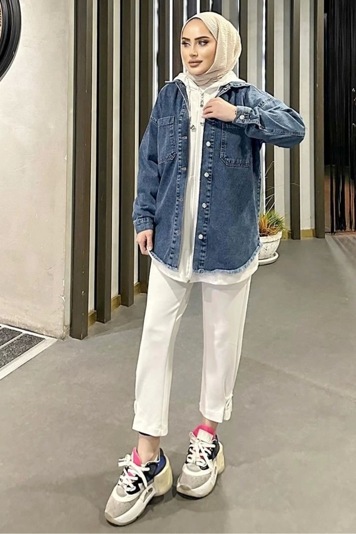 OurStyles Koyu Mavi Kar Yıkama Püskül Detay Kot Ceket Oversize