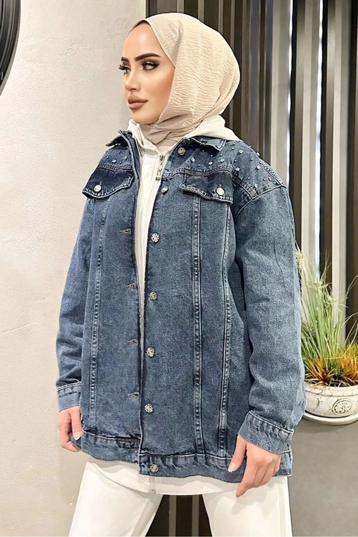 OurStyles Omuz Taş Detay Koyu Mavi Kot Ceket Oversize
