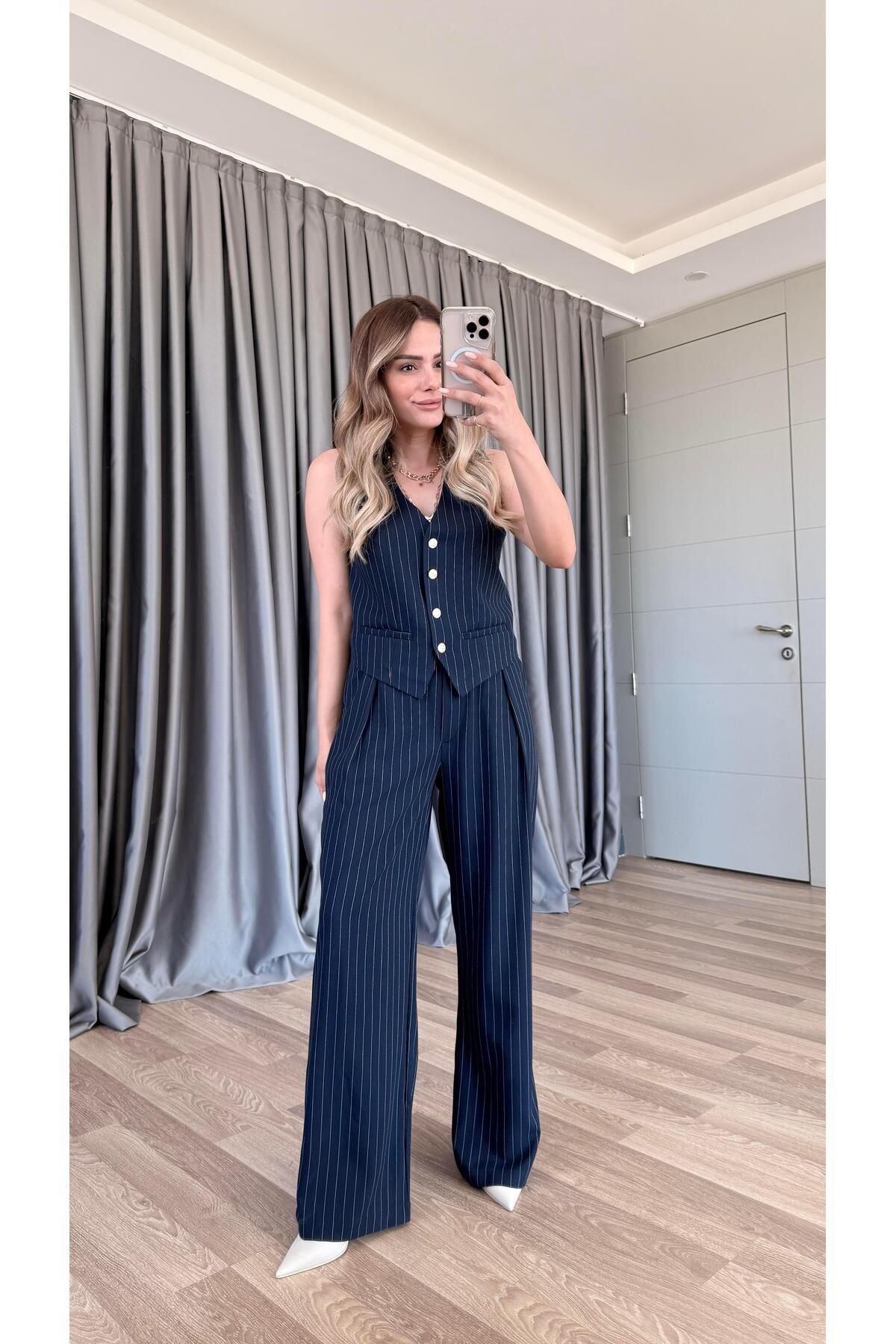 pelin yıldız butik Katrina Çizgili Yelek Pantalon Takım