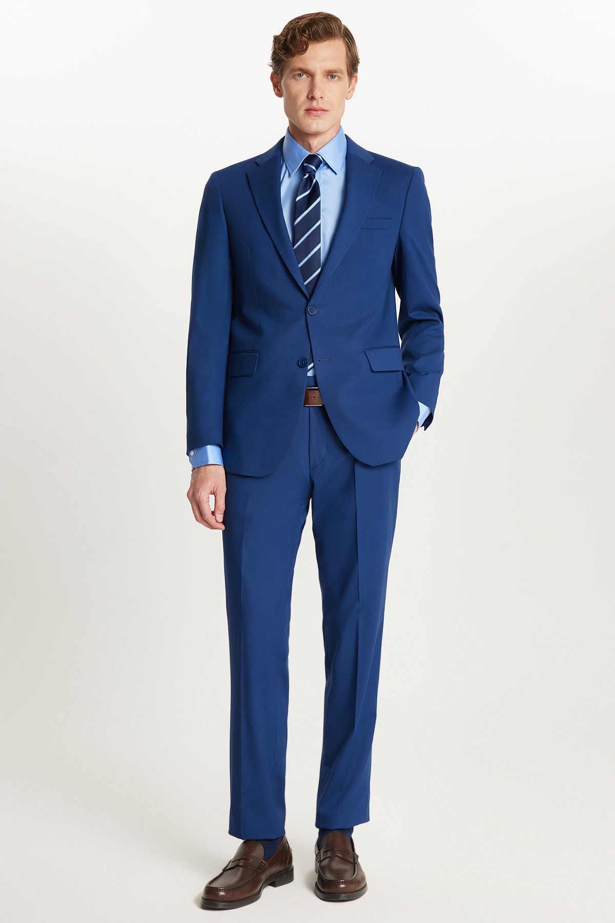 Tudors Erkek Slim Fit Mono Yaka Likralı Esnek Kumaş İndigo Takım Elbise