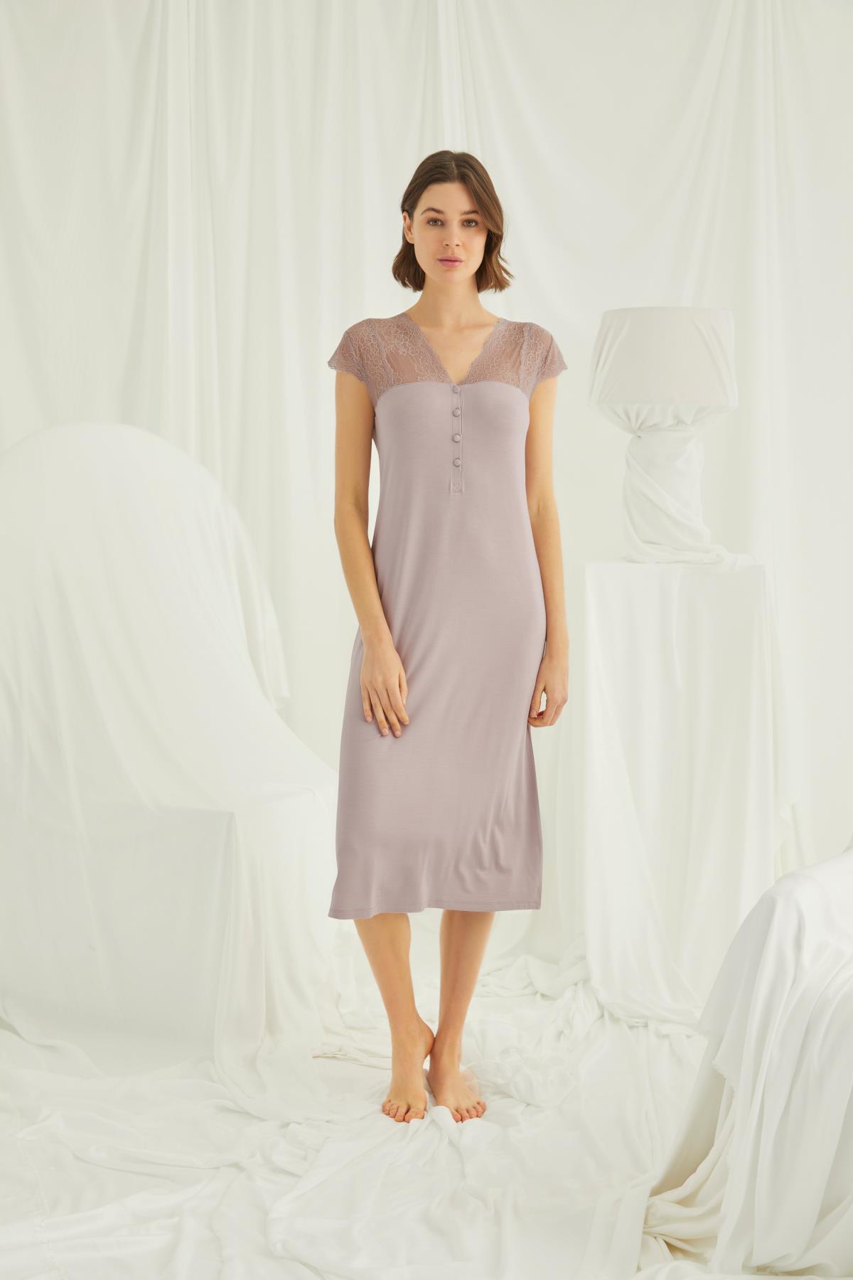 MONAMİSE Monamise Kadın Kolu Omzu Ve Yakası Dantelli Önü Düğmeli Gecelik 18436