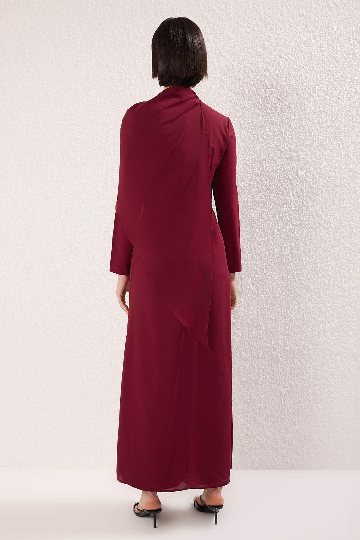 Trendyol Modest-Burgundy Cape Detailed Woven Evening Dress Tctss25Db00023 4