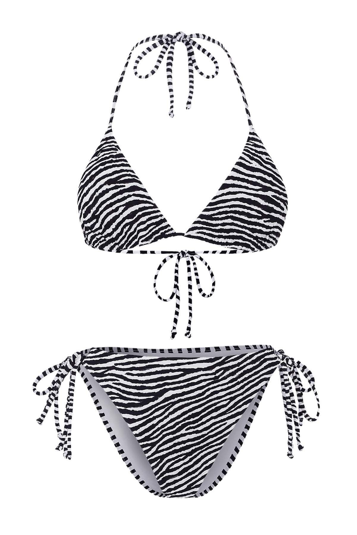 Trendyol Collection-Zebra Patterned Triangle Brazilian Cupless Bikini Set Tbess25Bt00160 5