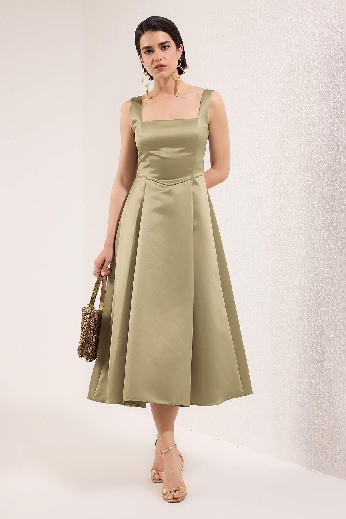 Trendyolmilla  Yağ Yeşil A-Kesim Saten Dokuma Şık Abiye Gece Mezuniyet Elbisesi TPRAW25EL00040 - Görsel 6