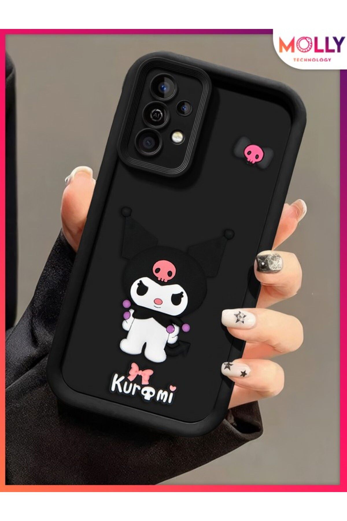 Molly Samsung Galaxy A33 İçin Siyah Kenarları Kalın 3d Kabartmalı Kawaii Kuromi Silikon Kılıf