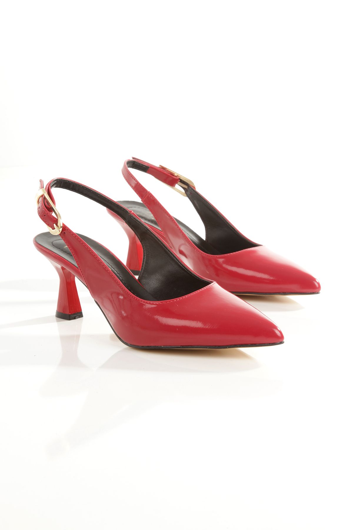 Ayakkabı Podyumum-Red Patent Leather Pointed Toe Back Open Large Buckle 5cm Goblet Heel 4