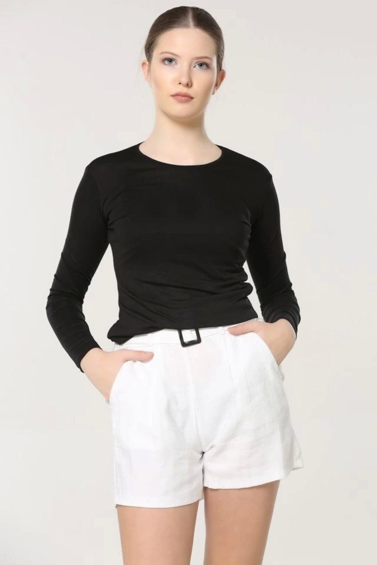 OurStyles Rahat Ve Şık Uzun Kollu Bisiklet Yaka Likralı Viskon Penye Body Siyah