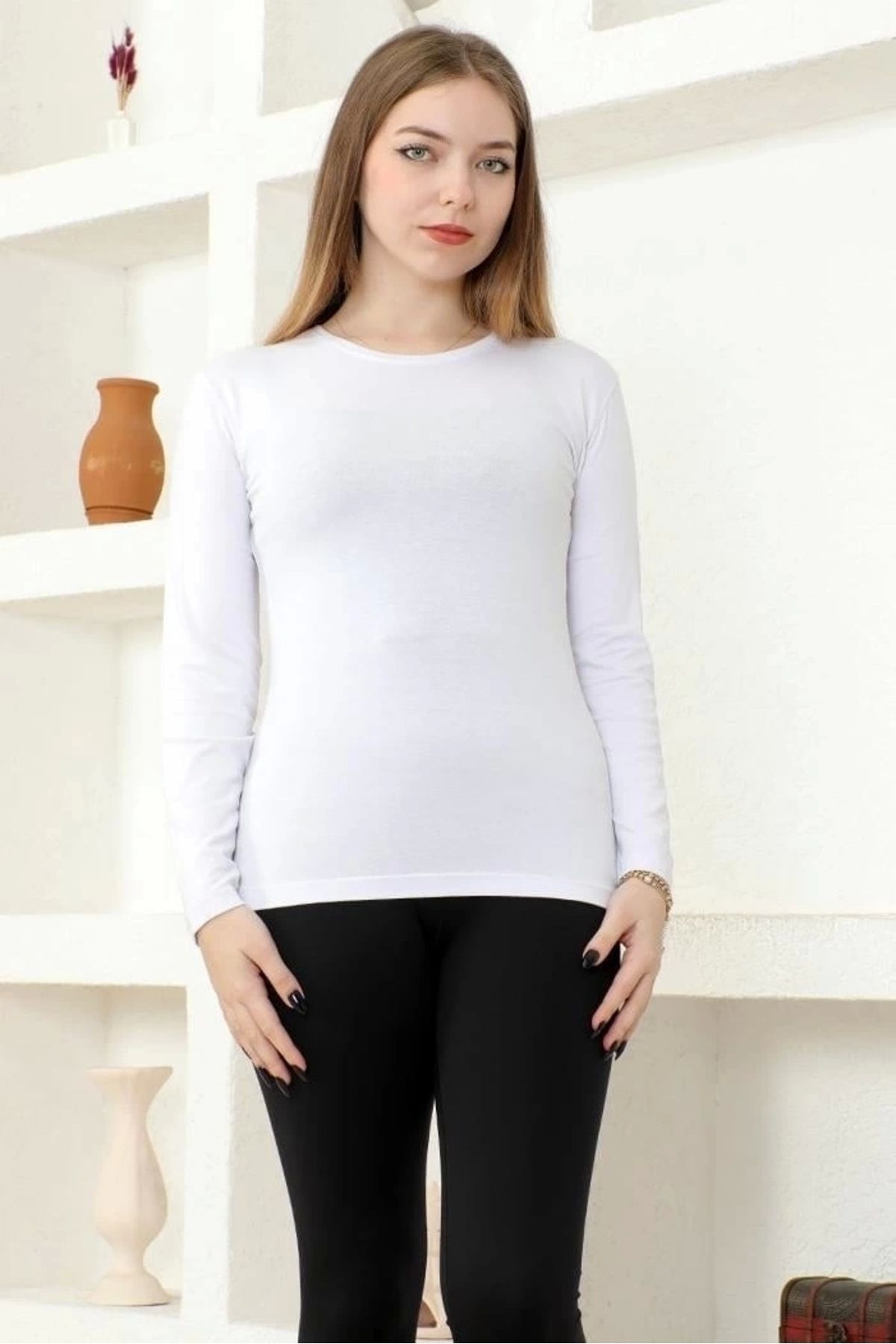 OurStyles Rahat Ve Şık Uzun Kollu Bisiklet Yaka Likralı Viskon Penye Body Beyaz