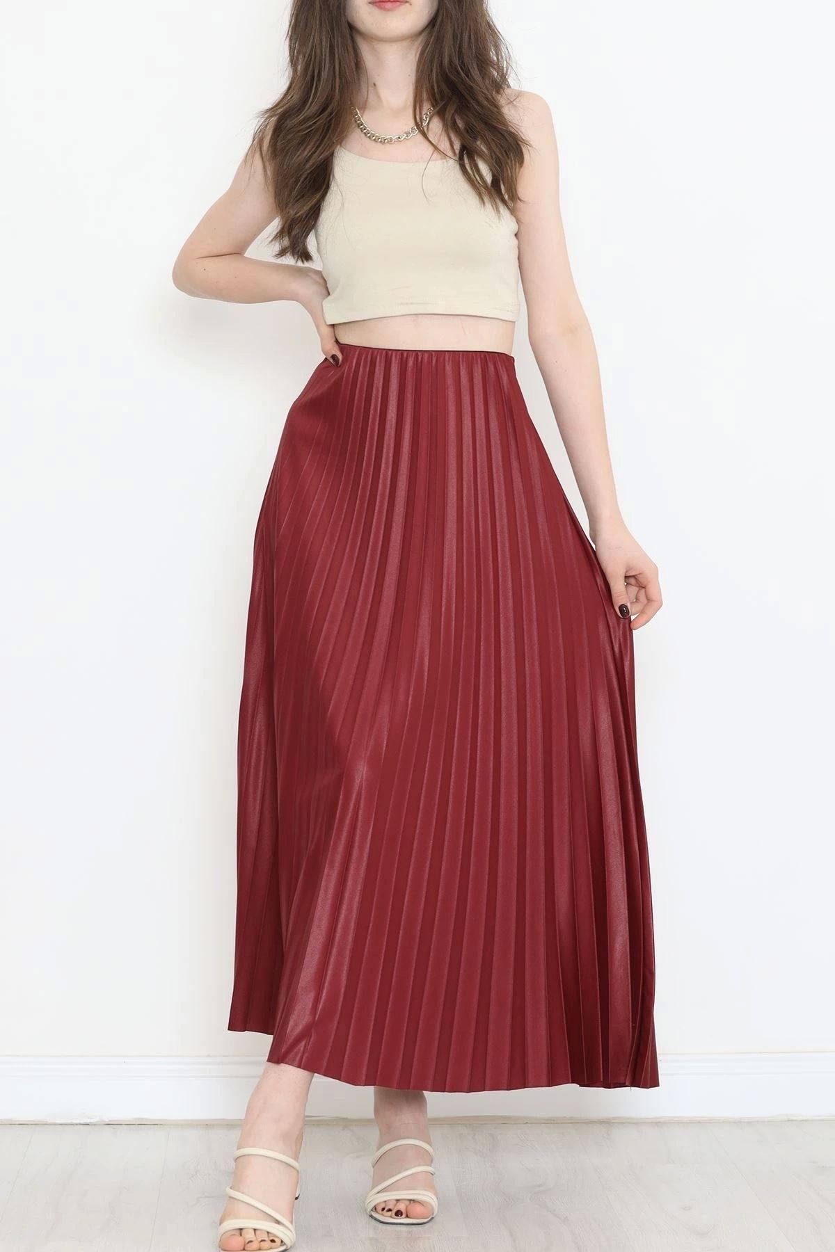 OurStyles Zarif Ve Modern Pileli Parlak Krep Gizli Lastikli Bordo Etek