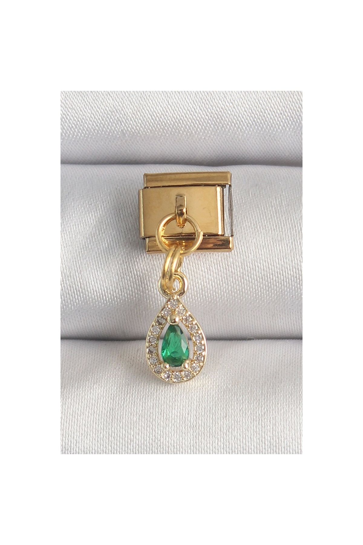 Marsilyan 316L Çelik Gold Renk Sallantı Damla Yeşil Zirkon Taşlı Nomination Charm - TJ-BC1349