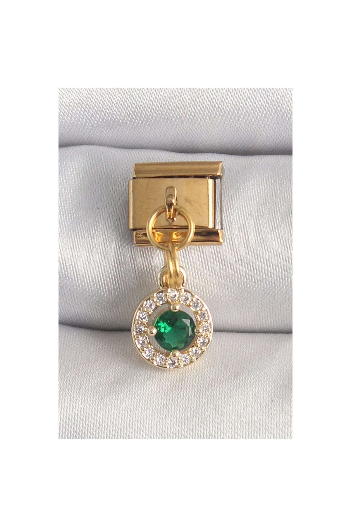 Marsilyan 316L Çelik Gold Renk Sallantı Yeşil Zirkon Taşlı Nomination Charm - TJ-BC1344