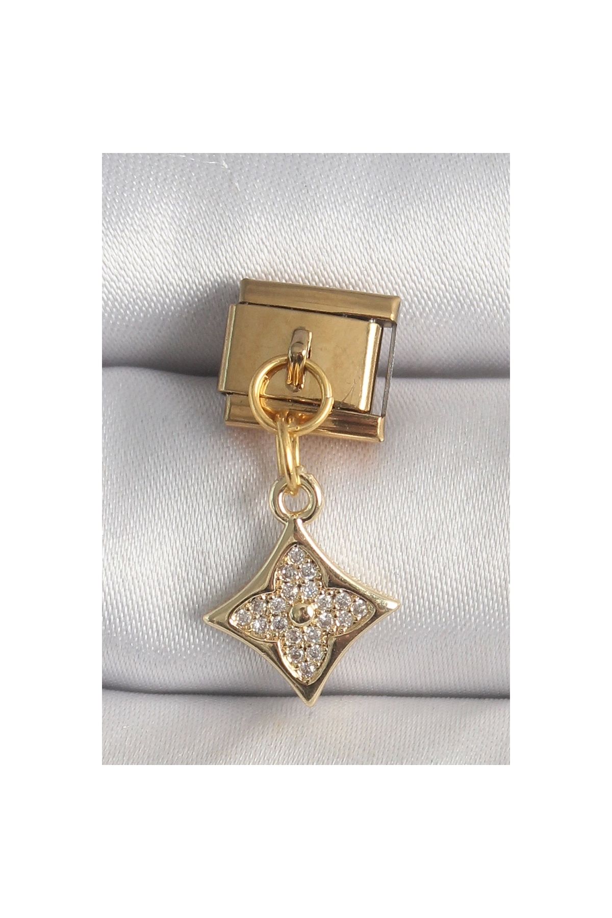 Marsilyan 316L Çelik Gold Renk Sallantı Zirkon Taşlı Çiçek İşlemeli Nomination Charm - TJ-BC1355