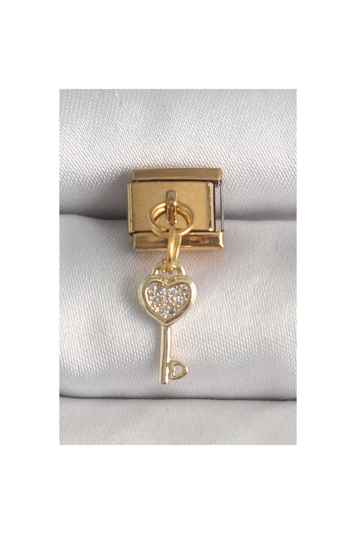Marsilyan 316L Çelik Gold Renk Sallantı Zirkon Taşlı Kalpli Anahtar Model Nomination Charm -