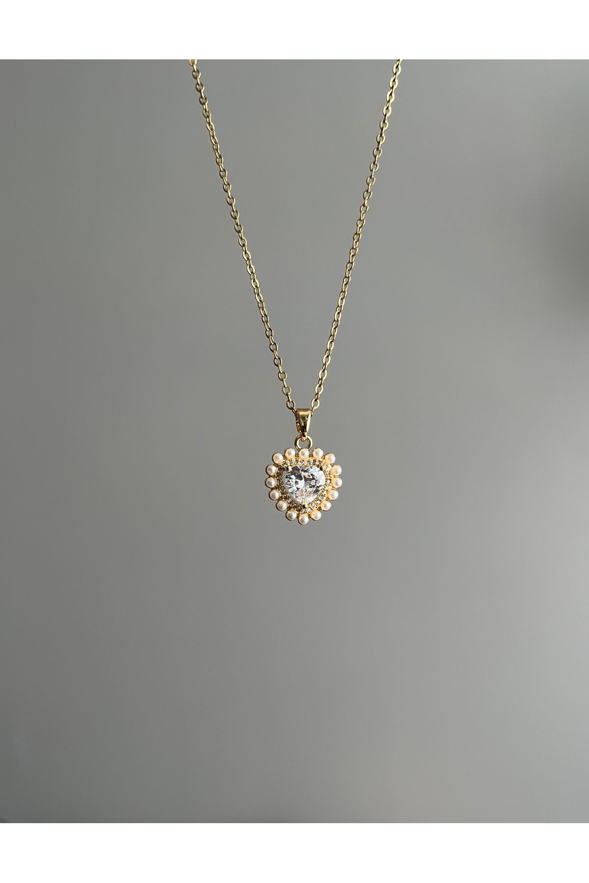 Alya Jewelry Çelik Gold İncili Kalp Kolye