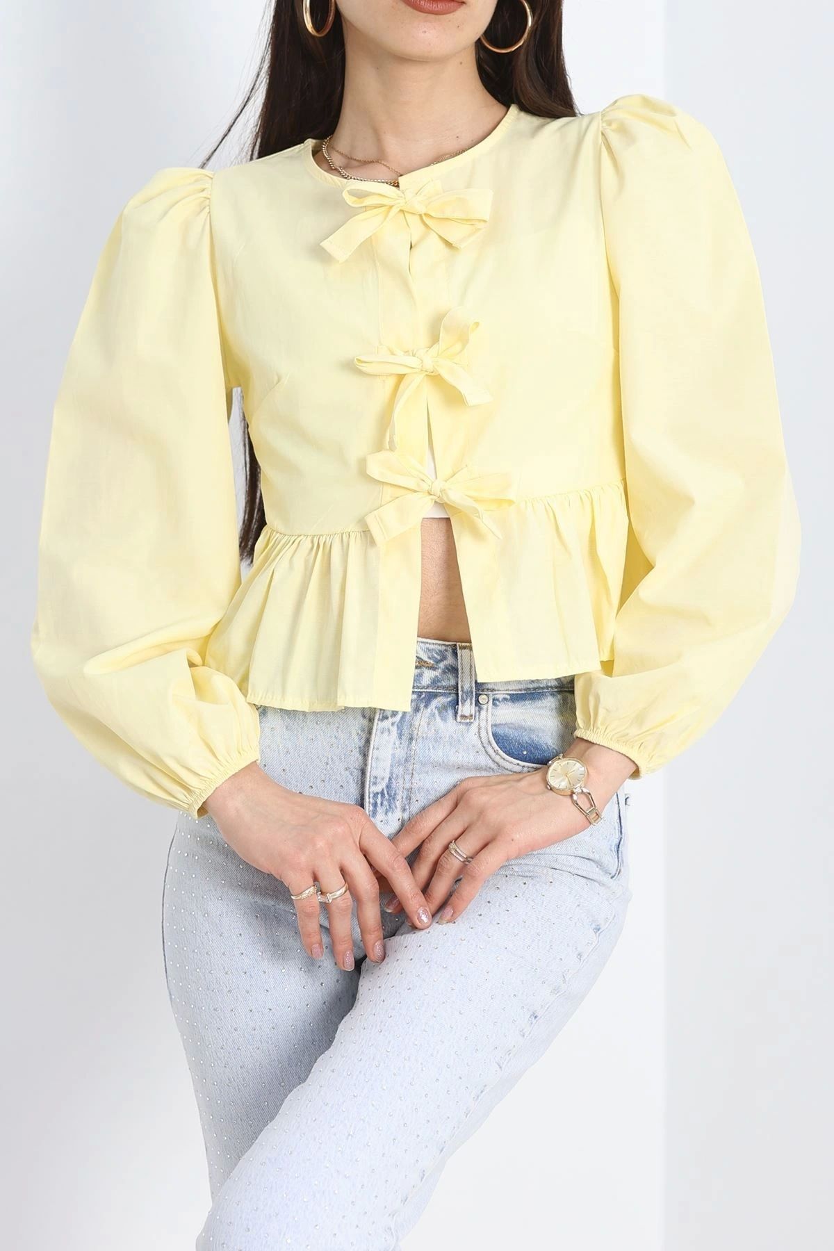 OurStyles Fiyonk Detay Balon Kol Gömlek Beyaz - 50144.1916.