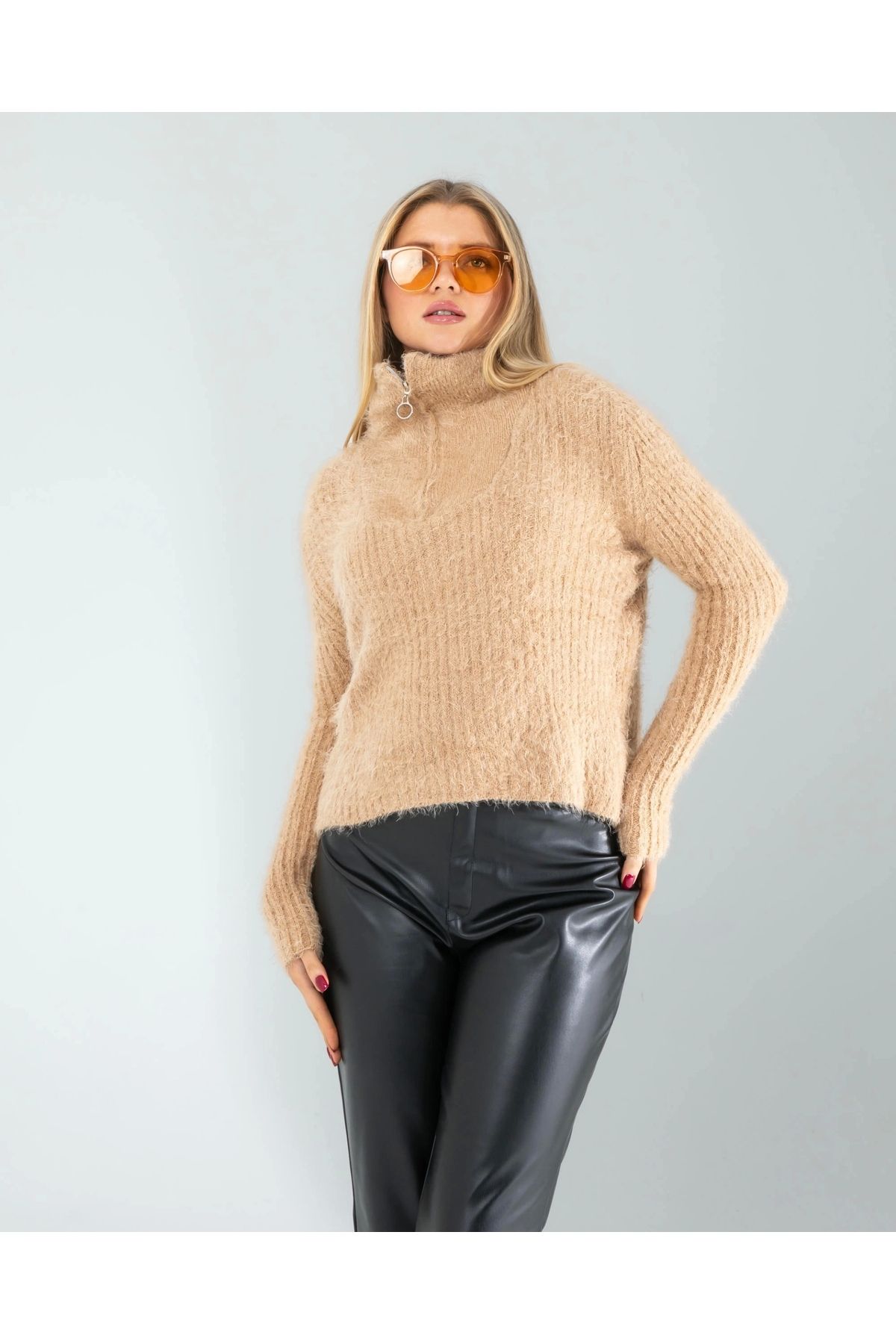 OurStyles Camel Fermuarlı Sakal Triko