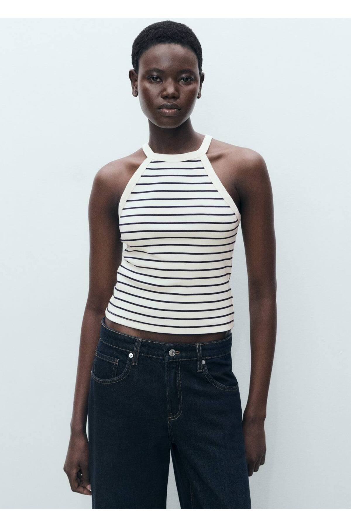 Çizgili Halter Yaka Bluz