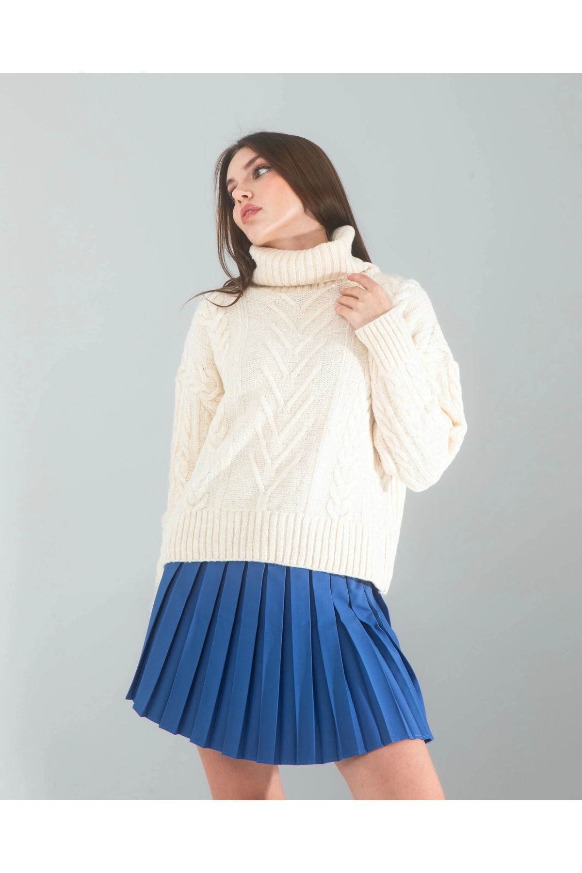 OurStyles Ekru Saç Örgü Triko Kazak