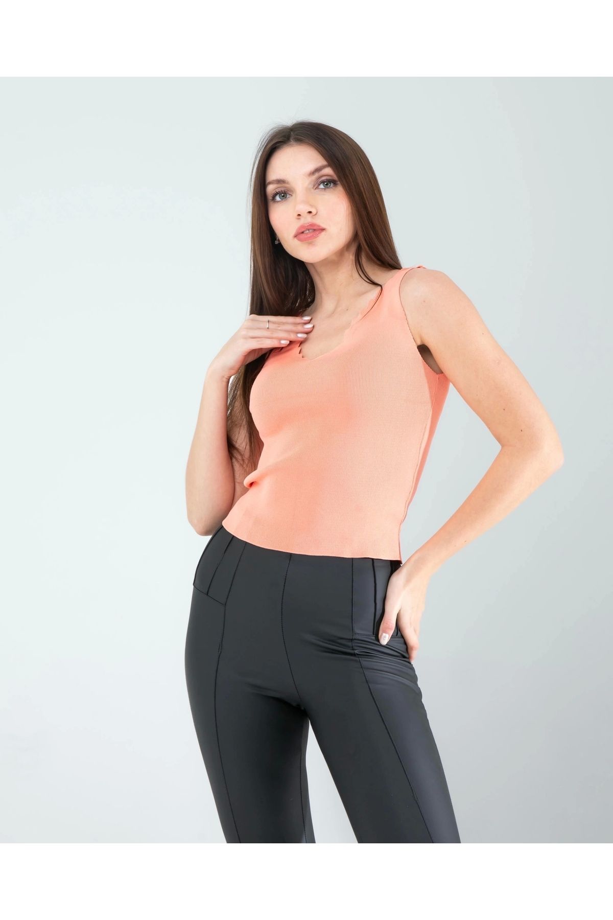 OurStyles Pudra Merdiven Yaka Kalın Askı Crop Bluz