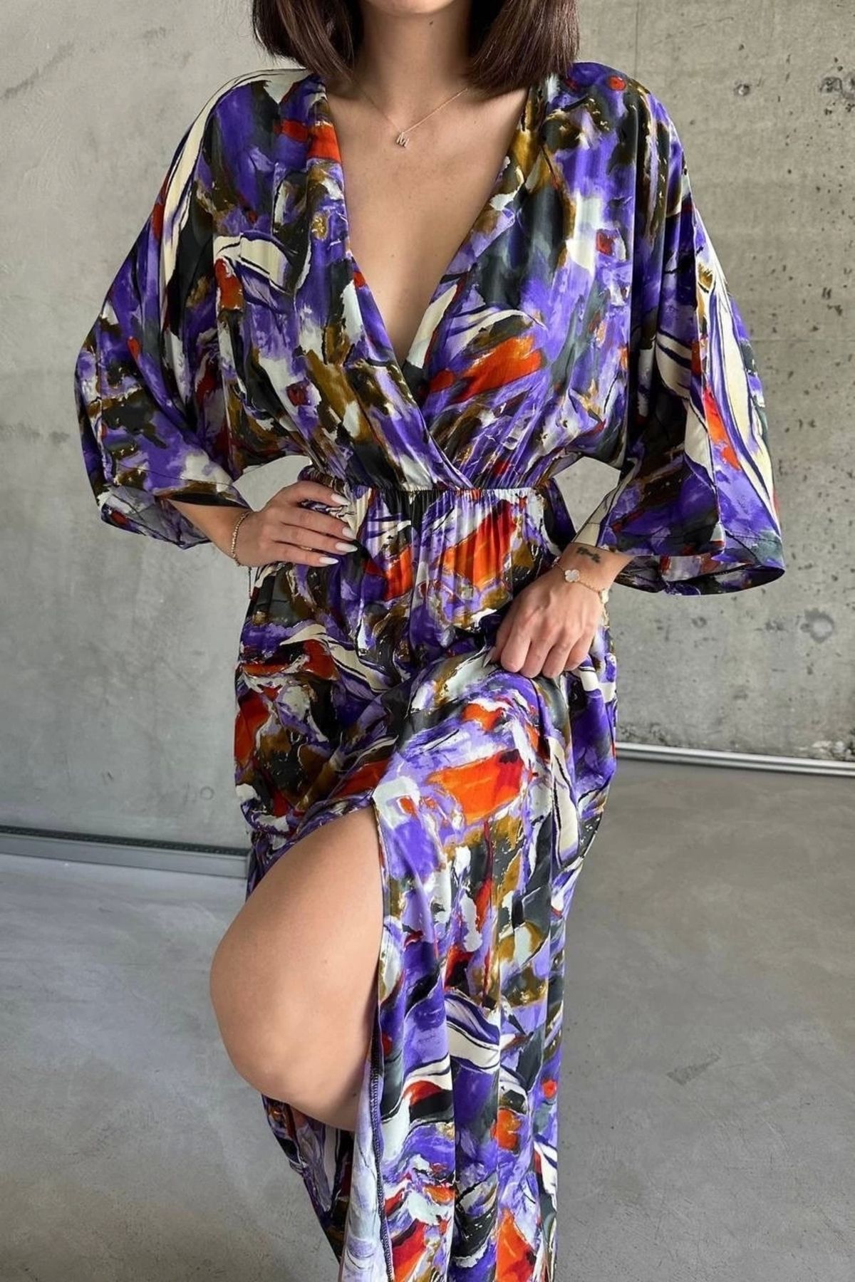OurStyles Dokuma baskılı yarasa kol elbise s8124