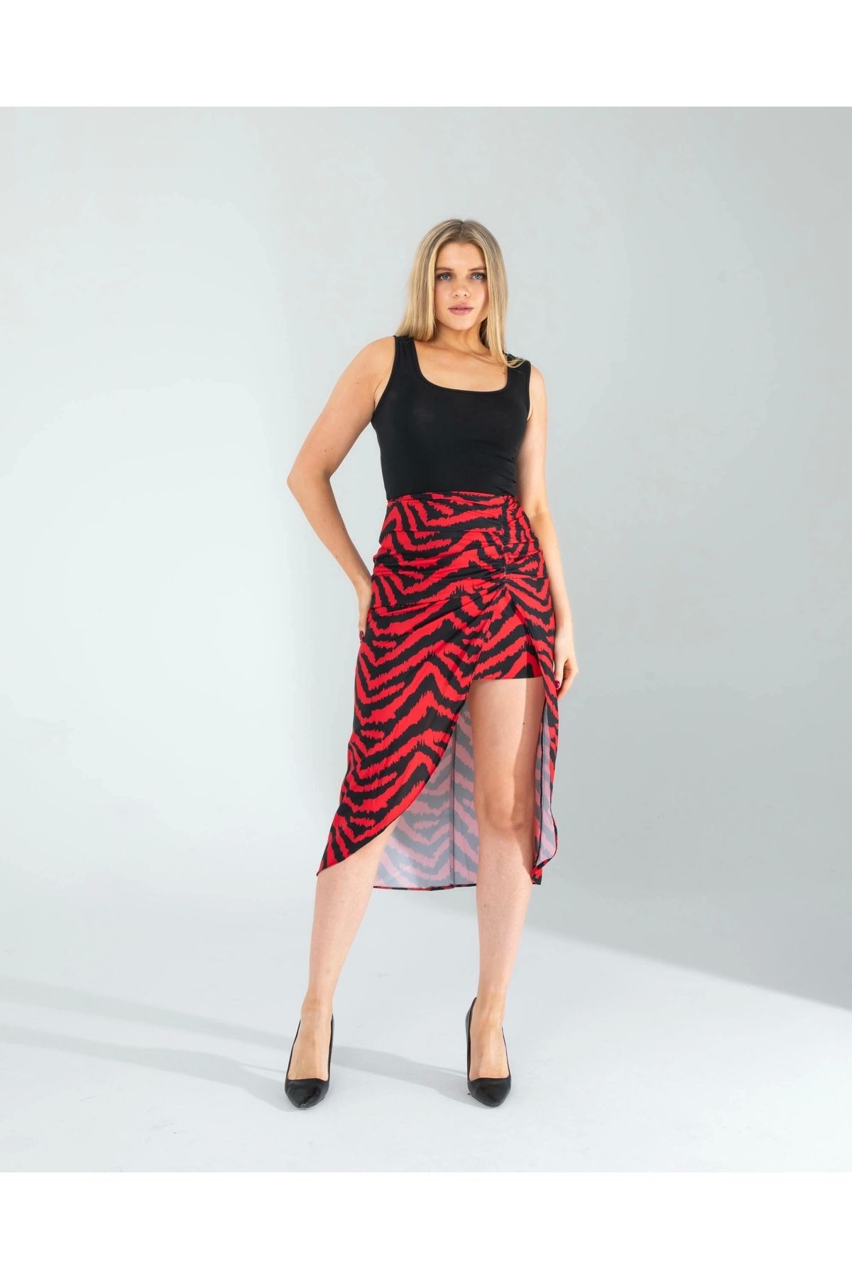 OurStyles Kırmızı Zebra Desen Yandan Büzgülü Etek