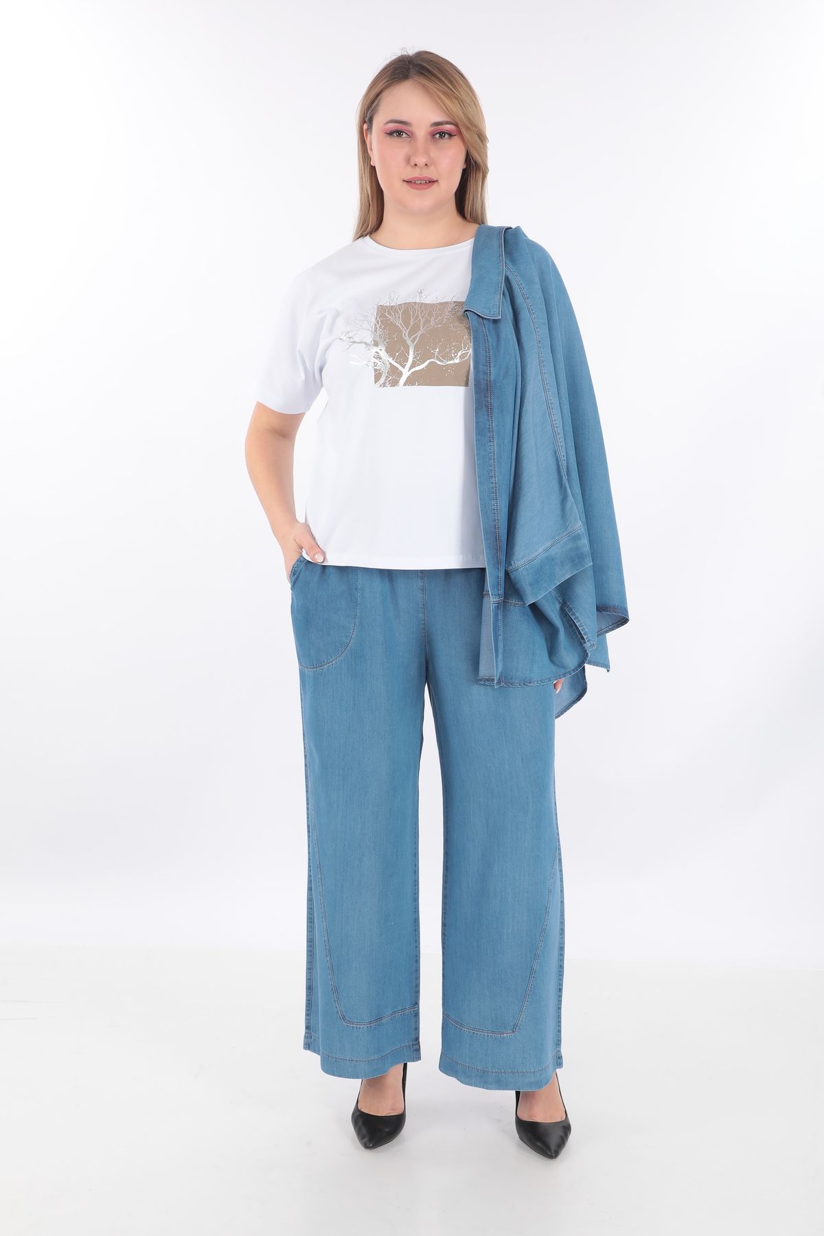 EXİTLİNE Kadın Üçlü Lacivert Yazlık Takım Ceket Pantolon Tshirt