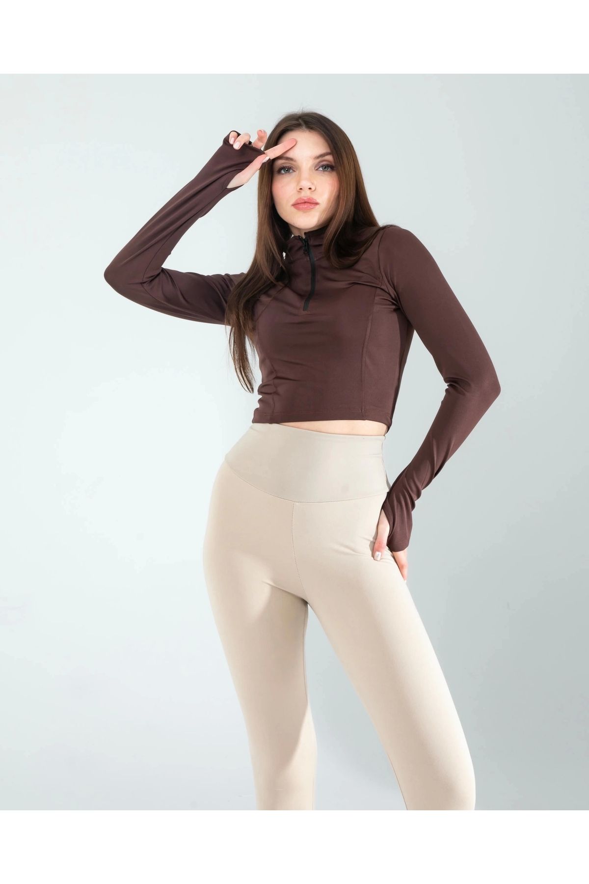 OurStyles Kahve Renkli Parmak Geçmeli Spor Body