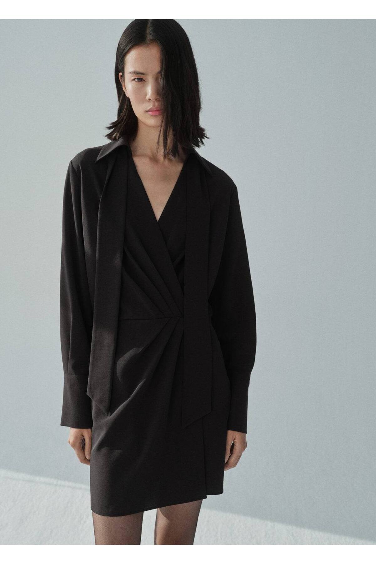 Gömlek yakalı kruvaze elbise