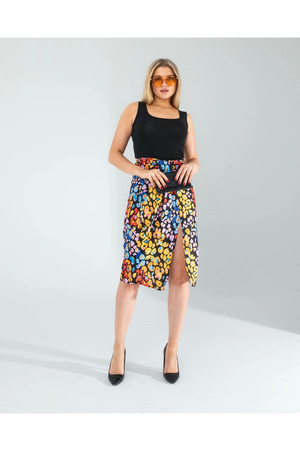 OurStyles Siyah Şal Detay Yandan Yırtmaçlı Etek