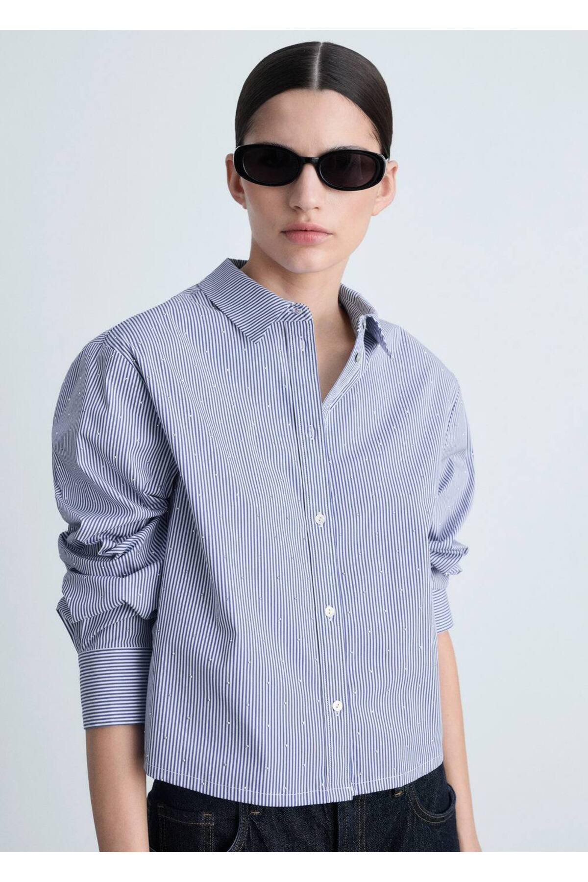 Çizgili pamuk karışımlı gömlek
