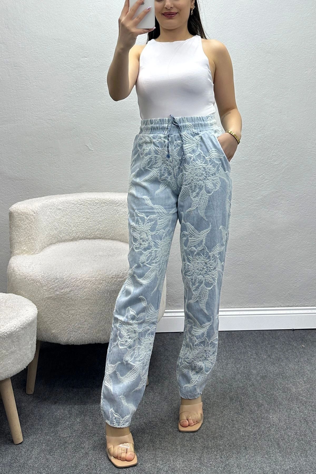 OurStyles Beli Lastikli Nakışlı Pantolon Mavi - 40761.1431.
