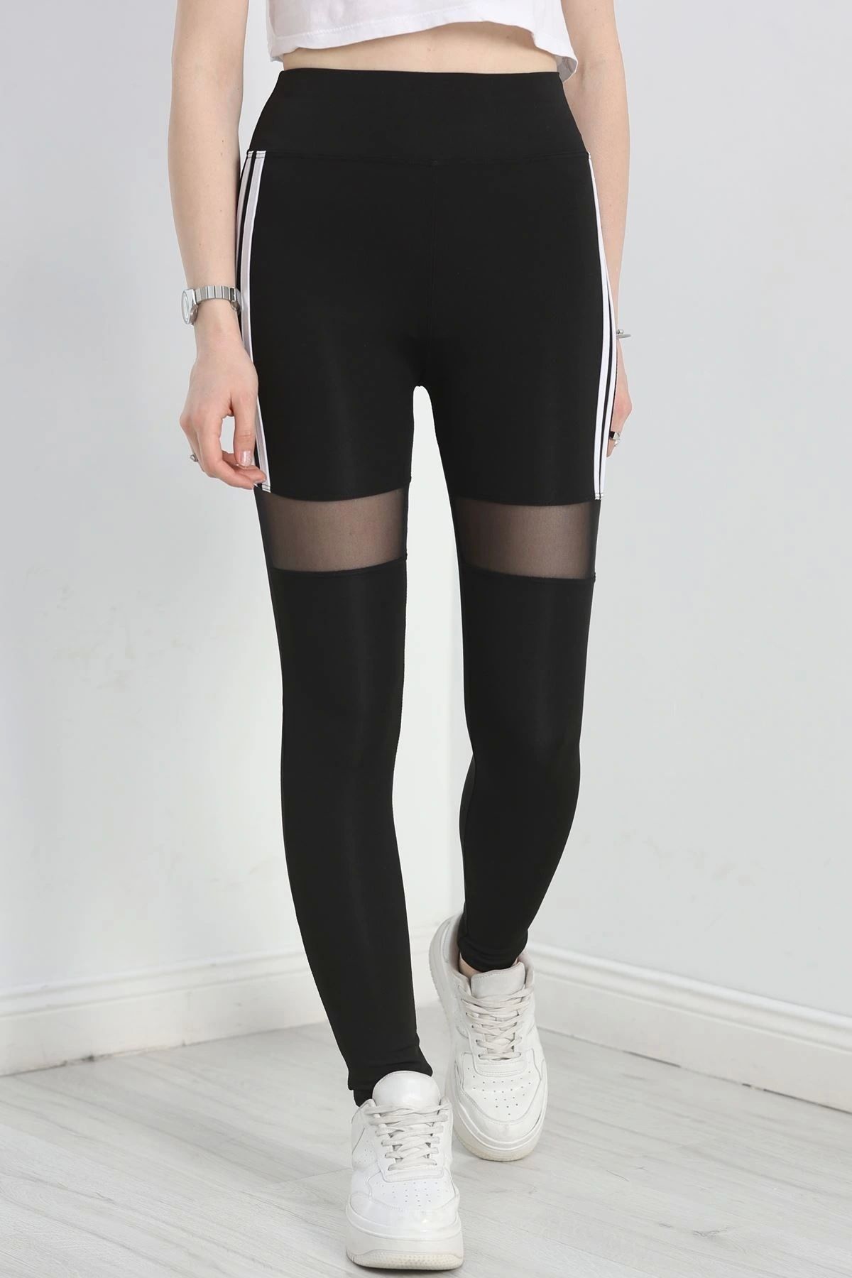 OurStyles Şeritli Tüllü Dalgıç Tayt Siyah - 50453.1881.
