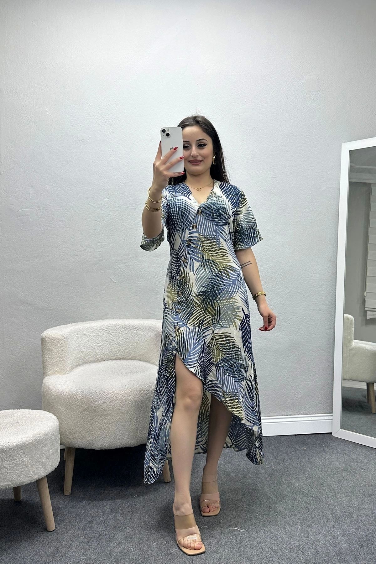 OurStyles Düğmeli Elbise Yeşilmavi - 40982.701.