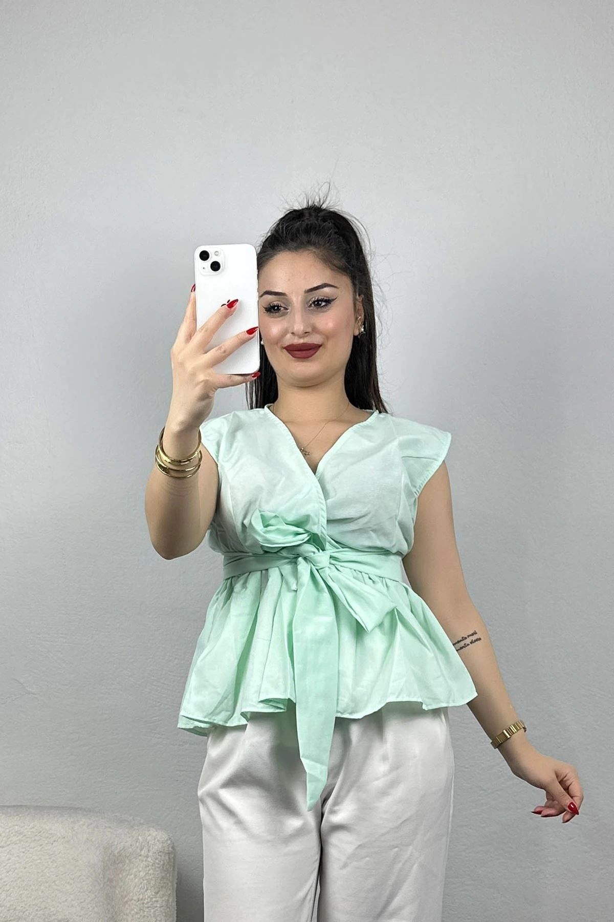 OurStyles Bağlamalı V Yaka Bluz Mint - 70292.1794.