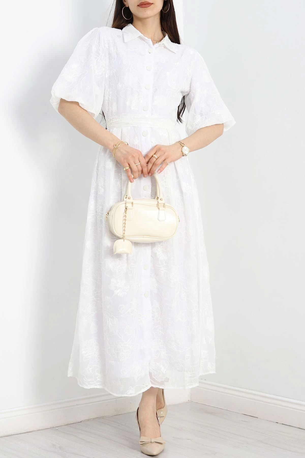 OurStyles Düğme Detaylı Nakışlı Elbise Bej - 40971.1987.