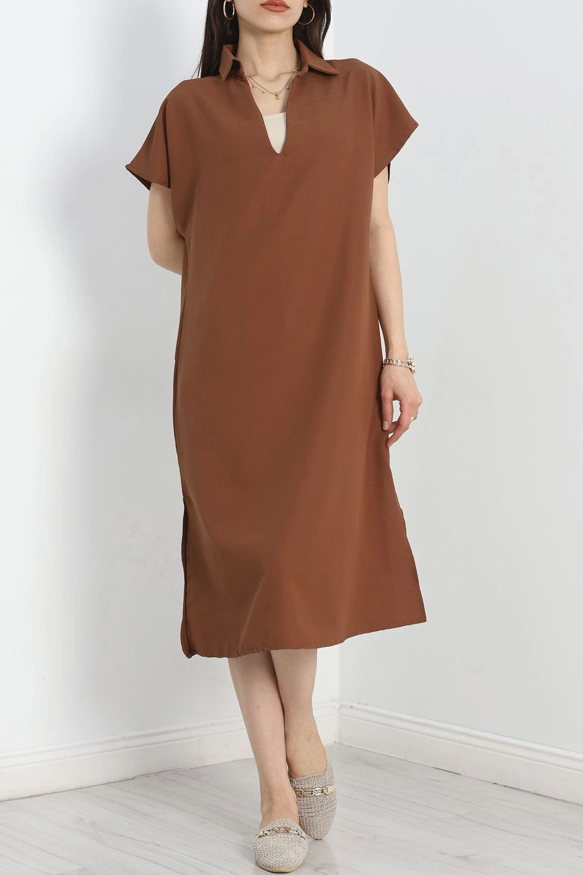 OurStyles V Yaka Yırtmaçlı Elbise Bisküvi - 40981.701.