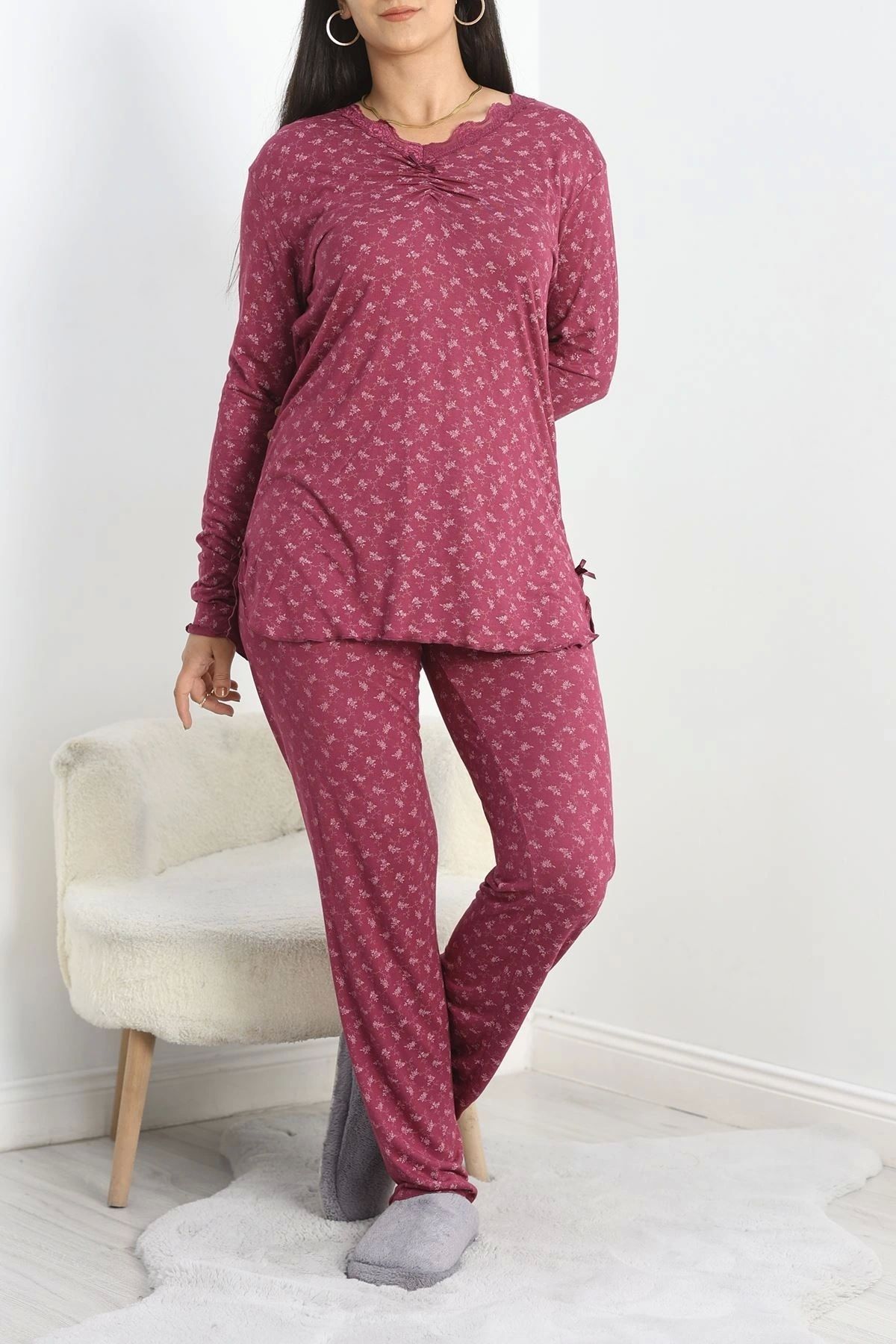 OurStyles Önü Büzgülü Kompak Kumaş Pijama Takımı Mürdüm - 40903.1931.