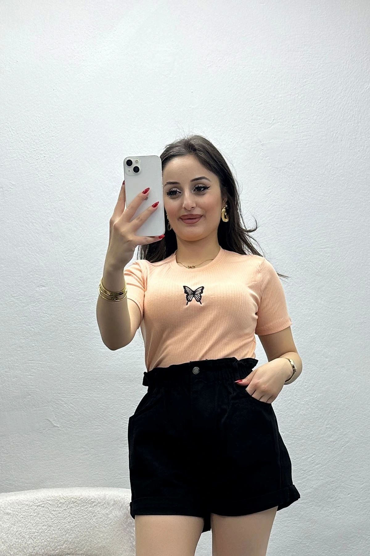 OurStyles Bisiklet Yaka Nakışlı Kaşkorse Tişört Fuşya - 70604.1878.